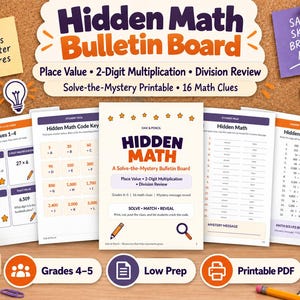Könnte beinhalten: Ein druckbares Hidden Math Bulletin Board Set mit Aktivitäten zu Stellenwerten, 2-stelliger Multiplikation und Division. Enthält einen Lösungsschlüssel, Schülerseiten, Antwortblätter und 16 mathematische Hinweise für die Klassen 4-5 als PDF.