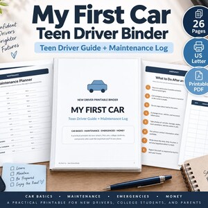 Peut inclure: Un ensemble imprimable My First Car Teen Driver Binder comprenant un guide et un journal d'entretien. Inclut des pages pour la planification de l'entretien, les procédures d'urgence et le suivi du kilométrage. 26 pages au format PDF.