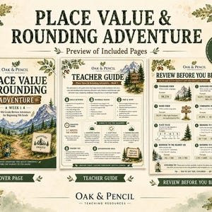 May include: A three-page educational resource titled Place Value & Rounding Adventure by Oak & Pencil. The pages feature a mountain theme with illustrations of forests, backpacks, and lanterns, providing a teacher guide and review exercises.