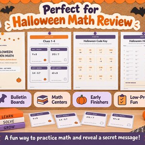 Peut inclure: Un ensemble d'activités de révision mathématique sur le thème d'Halloween comprenant quatre feuilles de travail imprimées avec des problèmes, une clé de code et des cartes d'indices. Le texte inclut Halloween Hidden Math et Halloween Code Key.