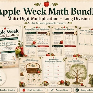 Op de afbeelding: Een printbare Apple Week Math Bundle met werkbladen voor vermenigvuldigen en delen. De set bevat 15 pagina's met docentenhandleidingen, antwoordsleutels en knutselactiviteiten, allemaal versierd met appelillustraties en bijbehorende tekst.