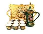 Turkish Dallah Coffee Tea Pot Set by Okumura Japan, Turkish Ewer Pot and 12 cups with a Gold Sena Serving Tray Tescilli Uron Made in Turkiye