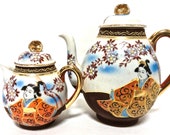 Antique Mikado China Porcelain Teapot and Creamer Pitcher Set, Hand-Painted Transparent Porcelain Satsuma