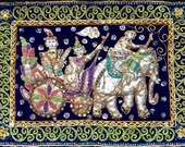 Vintage Kalaga Tapestry Sequins Beads Sacred White Elephant Royal Prince Wall Hanging On Blue Velvet