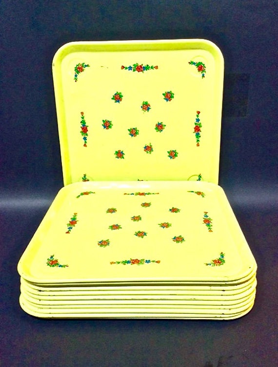 Retro Metal Snack Trays 12PC Set, Yellow With Pink Flower Roses