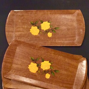 Yellow Rose Retro Hasko Serving Trays 6pc Set Flower Design, 1940s-1950s Kitchen Entertaining Trays 16x8”, Mid Century