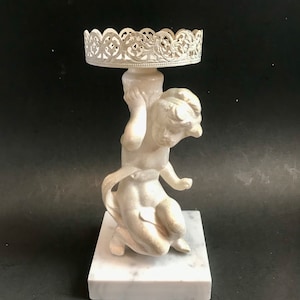 Vintage Cherub Pillar Candle Holder with Marble Base, Putti and Marble Candleholder or Vanity Cup Holder