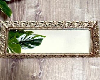 Vintage Ormolu Mirror Tray Silver-tone, Hollywood Regency 17.4 x 7 (#101)