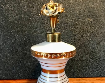 Vintage Irice Milk Glass Perfume Atomizer Brass Flower Top, 22K Gold Trim