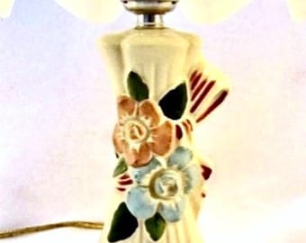 1950s Ceramic Accent Lamp with Pastel Flowers, Sweet Country Cottage Lamp