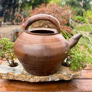 May include: A brown ceramic teapot with a rounded body and a curved handle, positioned on a flat, rectangular piece of natural stone. The stone base features two circular cutouts, each containing a small green plant with delicate foliage.