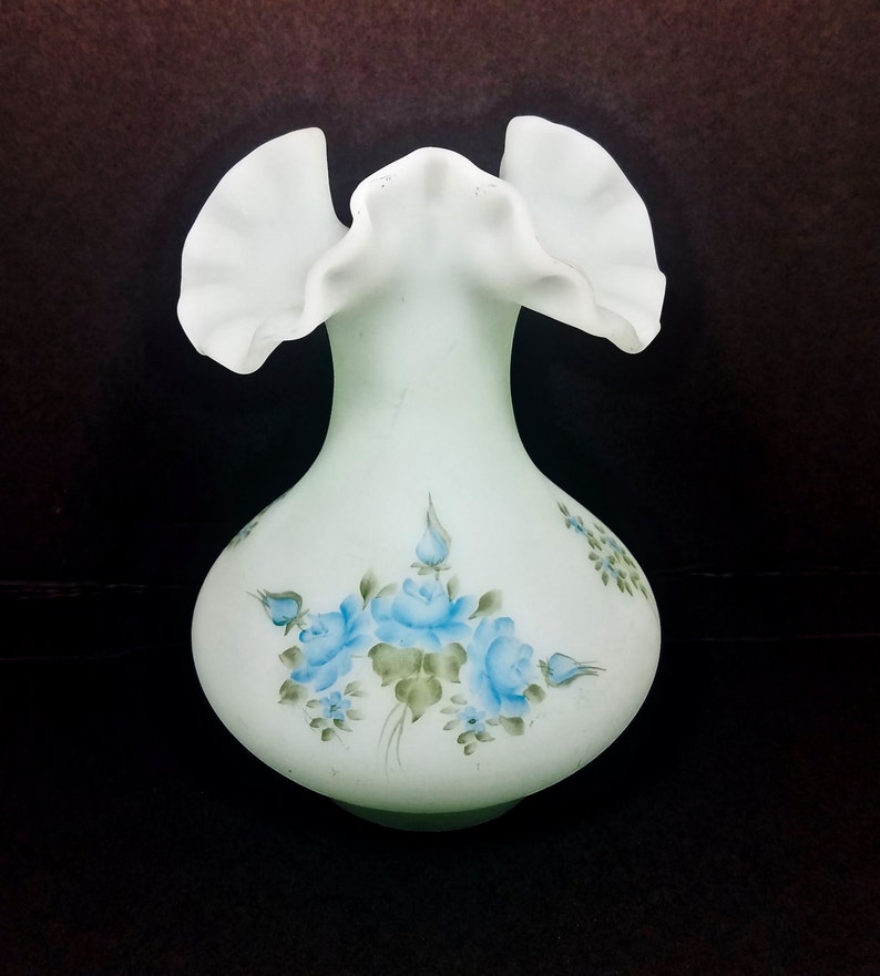 Fenton Satin Glass Vase Hand Painted Roses Signed With Original Sticker Pastel Blue Gifts For Her