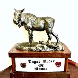 Vintage LOYAL ORDER of MOOSE 95th Anniversary Decanter 1888-1983 Pewter Moose Mounted on Wood Stand, with Damage Missing Antlers, Man Cave