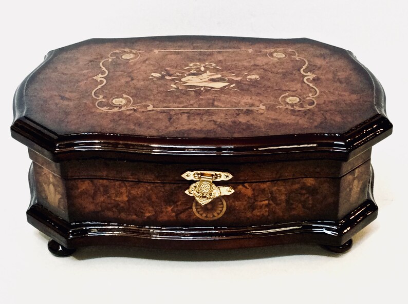 Gift for Her Florentine Jewelry Box Assorted Tea Chest Organizer Vintage Italian Burlwood Jewelry Box with Mirrored Lid