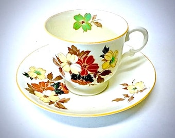 Vintage Tuscan Bone China Cup and Saucer, White Yellow Floral, Made England