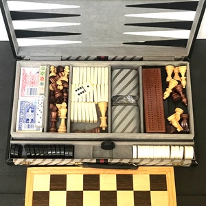 Vintage Multi-Game Attache Set for RV Travel Vacation Home: Backgammon, Chess, Dominoes, Poker