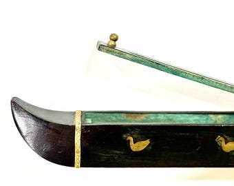 Incense Boat Wood and Brass 18' Hand Carved, Made in India