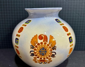 Handmade Ceramic Vase Regal Emblems, White and Pastel Blue, Signed M