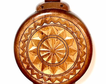 Vintage Hand Carved Wood Marquetry Decanter Vase,  Wood Art Barware