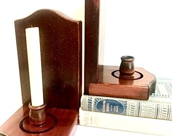 Wood Candle Holder Bookends, Colonial Farmhouse Library or Mantel Decor