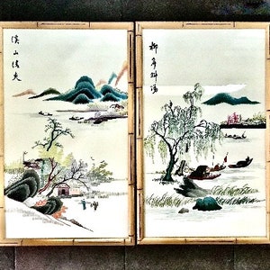 Vintage Japanese Silk Embroidery Set of 2 Textile Wall Art, Lake Views Trees Village  Landscape Fishing Boats 24x14” Bamboo Frames