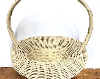 Vintage Rattan Wicker Basket with Rolled Collar and Handle,  Farmhouse Decor