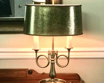 Mid Century Brass Horn Lamp 2 Bulb with Original Gold Gilt Shade (AS FOUND) Tall Brass Finial- DsTrove