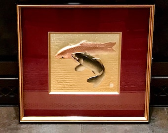 Vintage Hammered Metal Koi Art in TOYO 17X15 Shadowbox Frame Black Lacquer and Gold, Signed/Numbered Japanese Tooled Metal ZEN Art