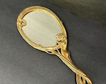 Embossed Solid Brass Hand Mirror Woman Figure Looking In Mirror, Ornate Brass Repousse Back - Art Nouveau