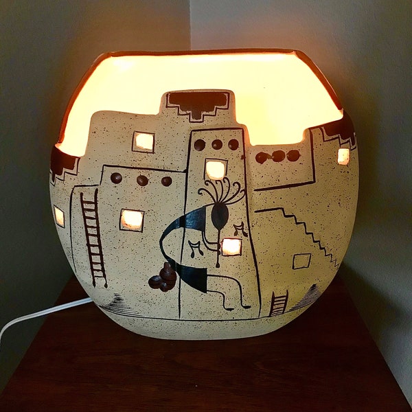 SW Native Art Lamp Pueblo Village Cutout Handmade with Kokopelli, Vintage Ambient Accent Lighting, TV Lamp