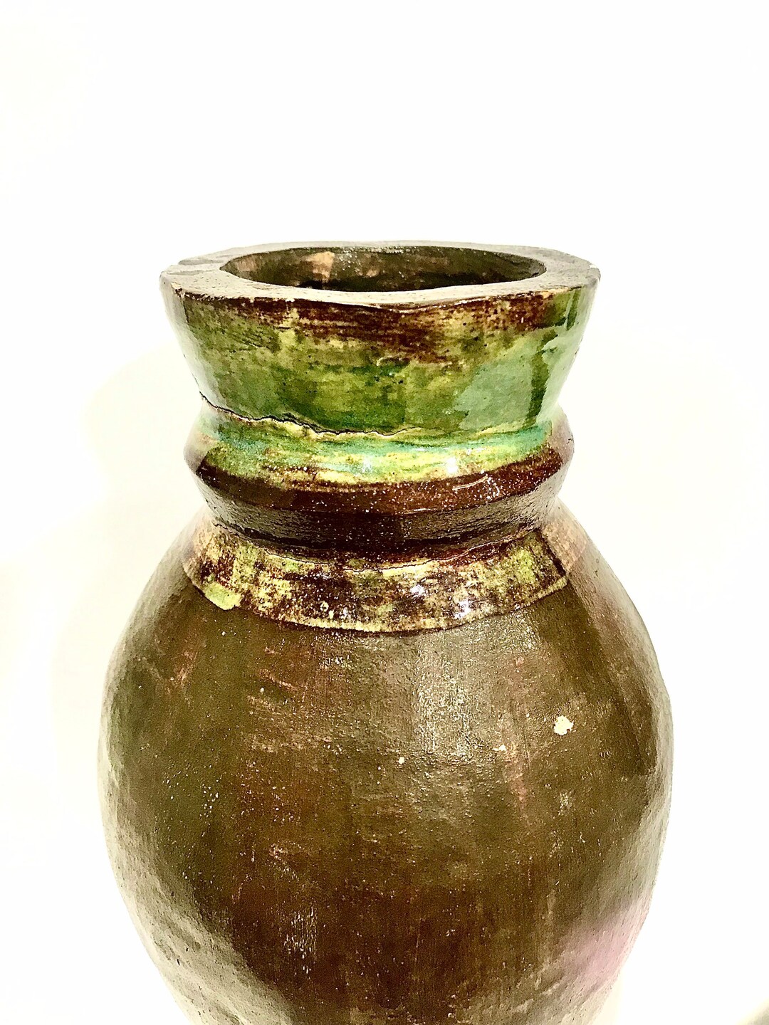 Antique Stoneware Vase Green Glazed Primitive Signed, Traditional