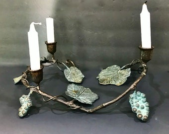 Vintage Bronze 3-Candle Holder Grape Vine With 2 Frogs Candelabra Verdigris Green