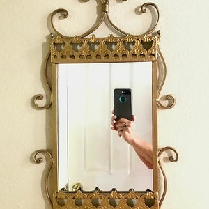 Vintage Ornate Gold Gilt Mirror: Wrought Iron & Embossed Metal Frame