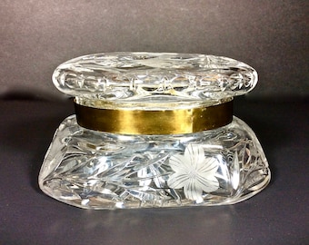 Antique Cut Crystal Dresser Jar with Silver-plate Band, Large Jewelry Casket Cut Glass Keepsake Jar, Flowers and Butterfly