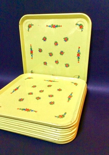 Retro Metal Snack Trays 12PC Set, Yellow With Pink Flower Roses Retro 10  Square Metal Ware, Entertaining Party / Craft Trays 