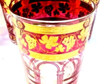 CERA Set of  3 Cranberry Glass Golden Grapes Juice Glasses 8 oz., Mid Century Holiday Red or Year Round Color