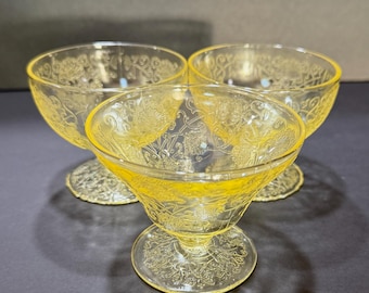 Florentine Yellow "Poppy" #2 Sherbert Cup Hazel Atlas Glass Co 1930s 3pc 2 Styles