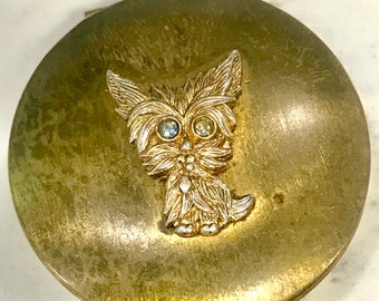 1950s JAPAN Pill Box Dog Motif Rhinestone Eyes Rare Ormolu Mini Vanity Collectable, Gold Tone Patina