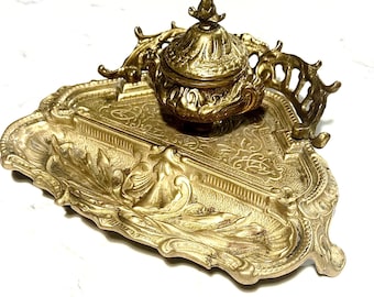 Ornate Brass Ink Well Stand with Pen Rest, Art Nouveau Victorian Office