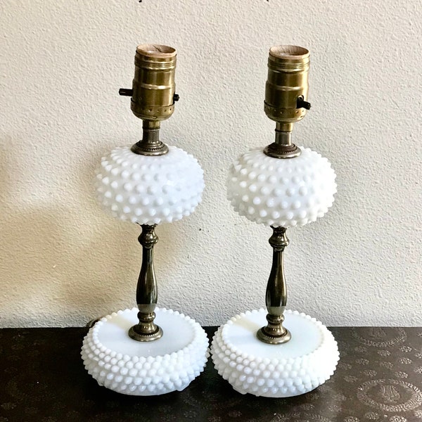 Mid Century Hobnail Milk Glass 12in Lamps, Vintage Pair  Matching Cottage Chic Buffet Lamps