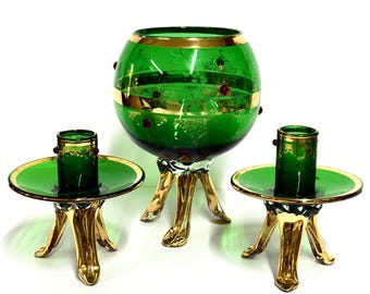 Bohemian Green Gilt Glass Compote and Candlestick Holders Set, 22K Gold Trim