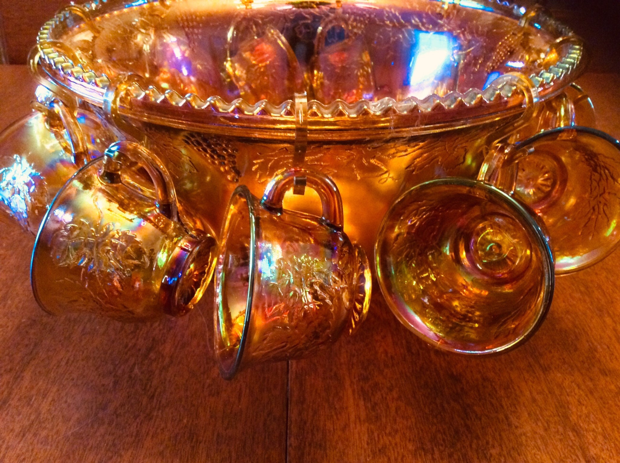 Vintage CARNIVAL GLASS 12pc Punch Bowl Cups & Hooks Set, IRIDESCENT  Marigold Harvest Grape Pattern, Mid Century Entertaining Glass/Barware
