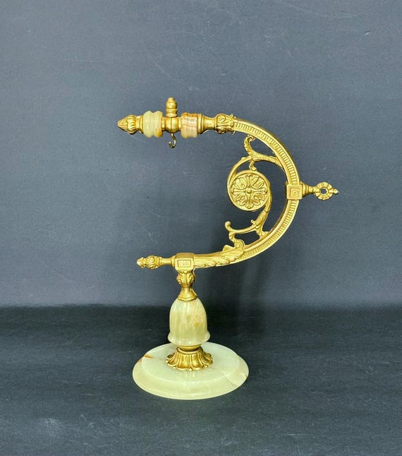 Ornate Hanger for Treasured Ornament, Gold Tone Metal and Onyx Display - Desktop