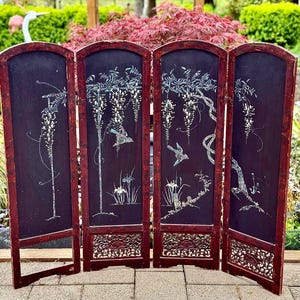 Antique Asian 37in Folding 4-Panel Lacquer Wood Screen, Abalone Inlay , Hand-Painted, As Found