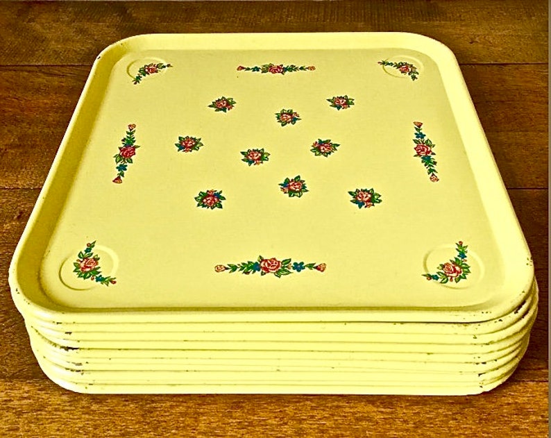 1950s Retro Metal Snack Trays Set of 12 Yellow With Pink Etsy