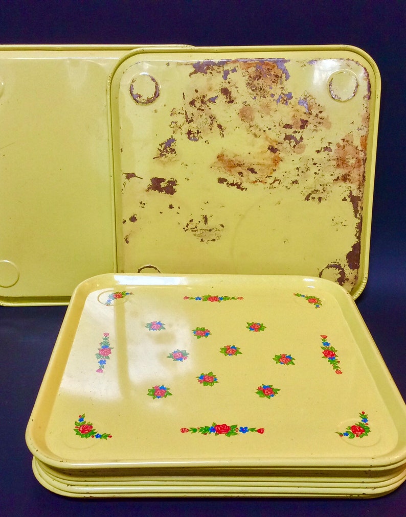 1950s Retro Metal Snack Trays Set of 12 Yellow With Pink Etsy