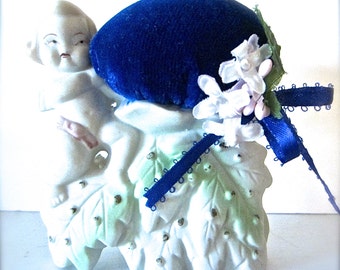 Cheub Planter Japan Bisque Up-Cycled Pincushion with Blue Velvet, Vintage Sewing Gift, OOAK Pincushion, Gift for Her