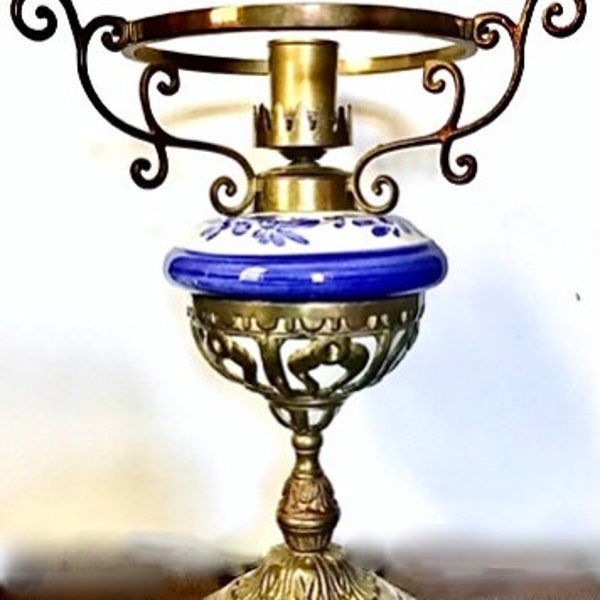 Ornate Solid Brass GWTW Hurricane Lamp with Delft Ceramic Bowl Electrified In-line Switch, No Fitter Shade for 7inch Rim