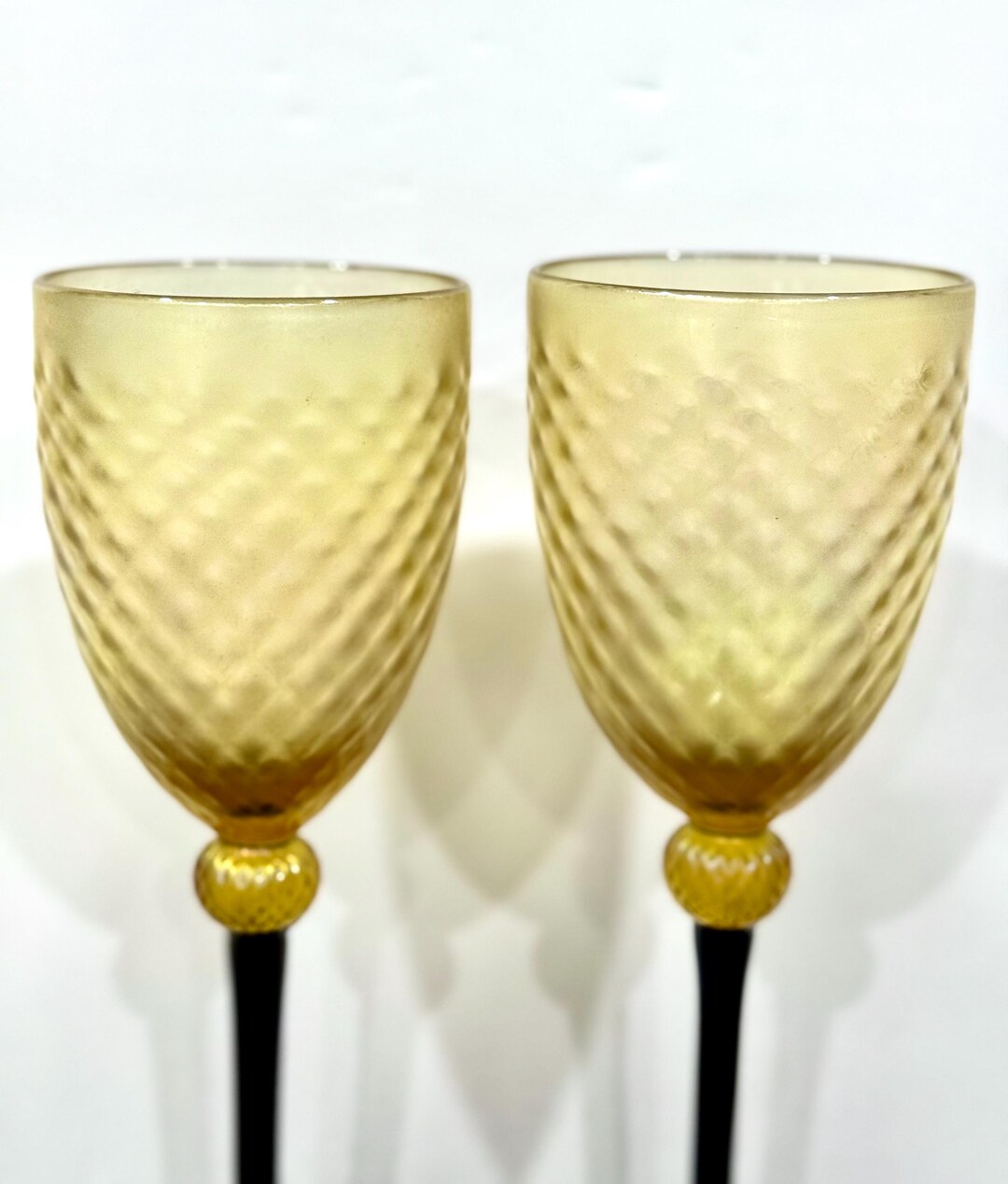 Strini Govender Strini Signed Crystal Wine Goblets, Iridescent Gold Frosted Glass, Set ...