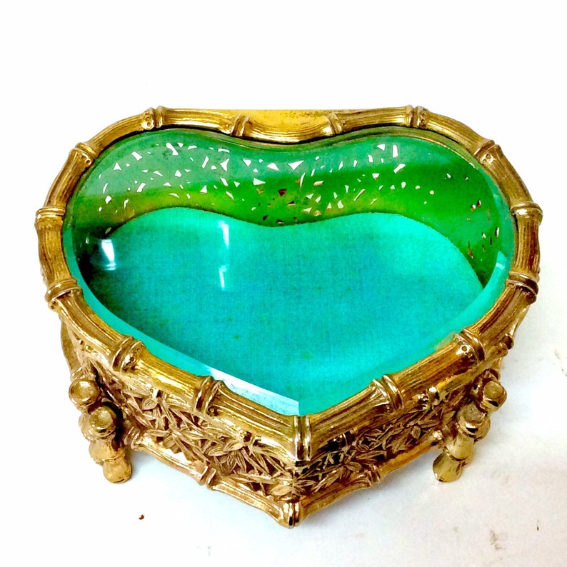 Vintage Ormolu Brass Heart Jewelry Casket with Beveled Glass Hinged Lid In an Ornate Bamboo Design Romantic Gift for Her Feminine and Solid